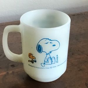 Vintage Fire King Snoopy Mug Milk Glass Blue Graphic Anchor Hocking USA